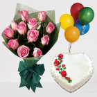 Bunch Of 20 Pink Roses With Heart Shape Pineapple Fresh Cream Cake With 5 Blown Balloons