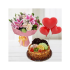 Beautiful Bunch Of Mix Flowers Including Roses, Lilies , Carnations With Mix Fruit Fresh Cream Cake With 3 Heart Shape Balloons