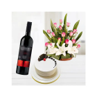 Basket Of White Lilies With Pink Roses With Pineapple Premium Quality Cake With Bottle Of Red Wine