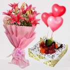 Bunch Of 5 Pink Asiatic Lilies With Pineapple Fresh Cream Cake With 3 Heart Shape Balloons