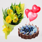 Blueberry Fresh Cream Cake With Bunch Of Yellow Lilies With Yellow Gerberas With 3 Heart Shape Blown Balloons