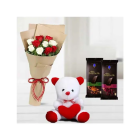 12 Red And White Roses Bouquet With 6 Inch Teddy Bear & Set Of 2 Dairy Milk Chocolate