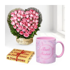 40 Pink Roses Heart Shape Arrangement , Photo Mug With Set Of 3 Toblerone Chocolates