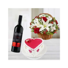 Heart Shape Strawberry Vanilla Cocktail Cake With Basket Arrangement Of Mix Flowers With Bottle Of Red Wine