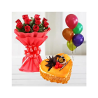 Bunch Of 20 Red Roses With Heart Shape Butterscotch Heart Shape Cake With 5 Blown Balloons