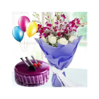 Bunch Of Lavender Orchids With White Roses With Blueberry Fresh Cream Cake With 3 Blown Balloons