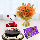 Bunch Of 6 Orange Asiatic Lilies, Choco Vanilla Fresh Cream Cake, Set Of 2 Dairy Milk Silk, 6 Inch Teddy bear