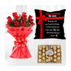 10 Red Roses Bouquet , Box Of 24 Pcs Rocher Ferrero Chocolates With Photo Cushion