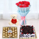 Bunch Of 8 Pink Carnations, 24 Pcs Rocher Ferrero Chocolates, Black Forest Square Shape Cake, 6 Inch Teddy bear