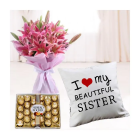  Bunch Of 6 Asiatic Pink Lilies, 24 Pcs Rocher Ferrero Chocolates With Photo Cushion