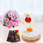 Bunch Of 10 Pink Roses, Orange Cool Cake, Set Of 3 Bournville Chocolates, 6 Inch Teddy bear