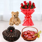 Bunch Of 8 Red Roses, Chocolate Fudge Cake, Basket Of Kitkat Chocolates, 1 Feet Height Brown Teddy bear