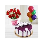 Bunch Of 10 Red Roses With Special Packing With Black Forest Cake With 5 Blown Balloons