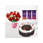 Bunch Of 10 Red Roses With Special Packing With Black Forest Chocolates With 3 Dairy Milk Silk Chocolates