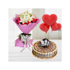 Bunch Of White Lilies & Red Carnations With Butterscotch Cake With 3 Heart Shape Blown Balloons