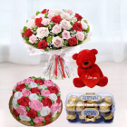 Bunch Of 15 Red And Pink Roses , 6 Inch Red Teddy  bear Floral Theme Cake, With 16 Pcs Ferrero Rocher Chocolates