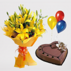 Bunch Of Yellow Lilies With Heart Shape Butterscotch Heart Shape Cake With 3 Blown Balloon