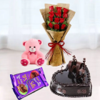 Bunch Of 10 Red Roses, Heart Shape Chocolate Cake , 6 Inch Pink Teddy bear, Set Of 2 Dairy Milk Silk