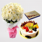 Bunch Of 10 White Roses With Mix Fruit Premium Quality Cake With Box Of Assorted Chocolates