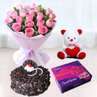 Bunch Of 12 Pink Roses, Celebration Box Of Chocolates, Black Forest Cake, 6 Inch Teddy bear