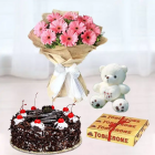 Bunch Of 12 Pink Gerberas, Black Forest Cool Cake, Set Of 2 Toblerone Chocolates, 6 Inch Teddy bear