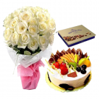 Bunch Of 10 White Roses With Mix Fruit Premium Quality Cake With Box Of Assorted Chocolates