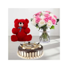 Vase Arrangement Of Pink And White Roses With Irish Coffee Cake With 6 Inch Teddy bear