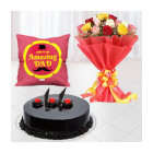 Bouquet Of 12 Mix Colour Roses, Half Kg Chocolate Truffle Cake With Photo Cushion