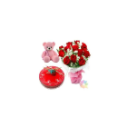 12 Red Roses With Special Packing With 6 Inch Pink Colour Teddy Bear With Strawberry Fresh Cream Cake