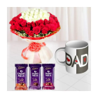 Bunch Of 50 Red And White Roses, Photo Mug With Set Of 3 Dairy Milk Silk Chocolates