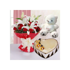 Bunch Of White Lilies With Red Carnations, Heart Shape Butterscotch Cake & 6 Inch Teddy Bear