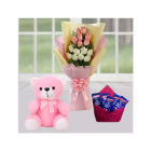 Bunch Of Pink And White Roses With Pink Teddybear With Pack Of 5 Dairy Milk Chocolates