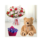 20 Red And Pink Roses Bouquet With 6 Inch Teddy Bear & Pack Of 5 Dairy Milk Chocolate