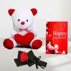 6 INCH HEIGHT TEDDY BEAR WITH SINGLE RED ROSE AND ANNIVERSARY GREETING CARD
