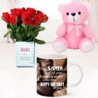 6 INCH TEDDYBEAR 10 RED ROSES IN VASE WITH PHOTO MUG