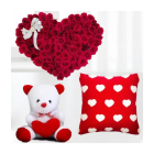 50 Red Roses Heart Shape Arrangement , 6 Inch Cute Teddy bear With Photo Cushion