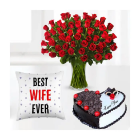 50 Red Roses In Glass Vase With Half Kg Heart Shape Black Forest Cool Cake With Photo Cushion