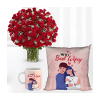 50 Red Roses In Glass Vase With Set Of Photo Cushion And Photo Mug