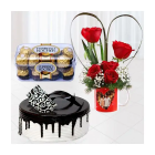 5 Red Roses Arranged In Photo Mug, 16 Pcs Rocher Ferrero Chocolates, Half Kg Choco Vanilla Cake