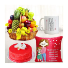 Basket Of 3 Kg Assorted Fruits , Half Kg Red Velvet Cake, Photo Mug With Photo Cushion