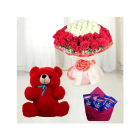 BUNCH OF 50 RED AND WHITE ROSES WITH 6 INCH TEDDY BEAR WITH PACK OF 5 DAIRY MILK CHOCOLATE