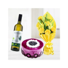 Bunch Of Yellow Lilies Gerberas With Bottle Of White Wine With Blueberry Cake