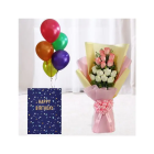 Beautiful Bunch Of 12 Pink And White Roses ,Bunch Of 5 Mixed Colour Balloons With Birthday Card