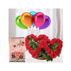  Beautiful Twin Shape Heart Arrangement Of Red Roses With 5 Bunch Of Balloons With Birthday Card