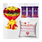 Bunch Of 20 Red And Yellow Roses , Photo Cushion With Set Of 3 Dairy Milk Silk Chocolates