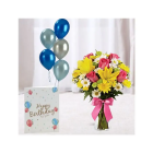 Beautiful Mix Flowers Arrangement In Glass Vase ,Mix Color Balloons With Birthday Card