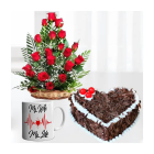  Basket Arrangement Of 20 Red Roses, Half Kg Heart Shape Black Forest Cake, Photo Mug