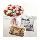 Bunch Of 15 Red And Pink Roses, Photo Cushion, With Box Of 16 Pcs Ferrero Rocher Chocolates