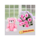 10 PINK ROSES WITH 6 INCH PINK TEDDY BEAR WITH TOBLERONE CHOCOLATE