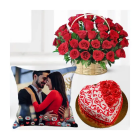 Basket Of 25 Red Roses, 1 Kg Heart Shape Red Velvet Designer Floral Theme Cake With Photo Cushion